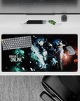 Neon cyan and smoky red battle mood anime mouse pad 32x16 inches with teal lightning and shattered glass.