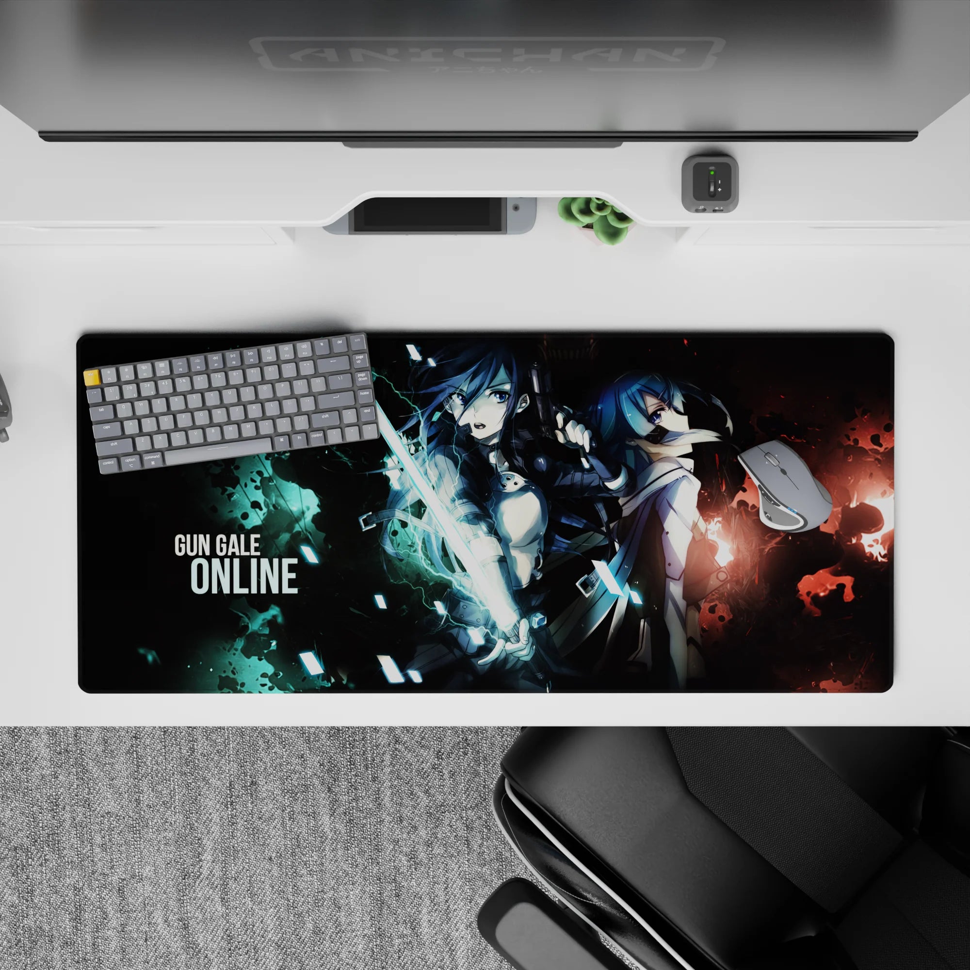 36x16 inches anime desk pad in neon cyan and smoky red, teal lightning and shattered glass night battle.