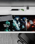 36x16 inches anime desk pad in neon cyan and smoky red, teal lightning and shattered glass night battle.