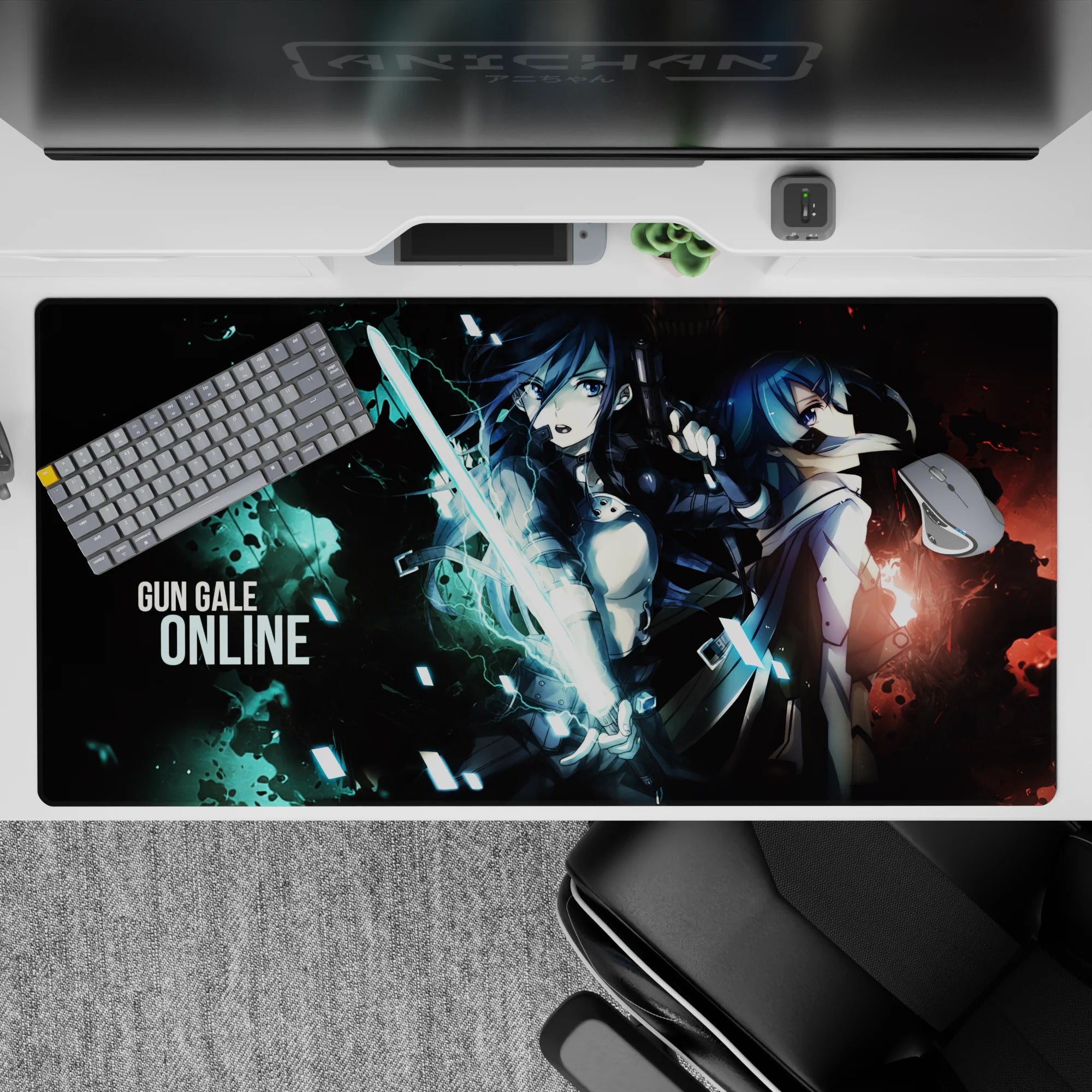 Neon cyan and smoky red Gun Gale Online anime desk pad 40x20 inches, teal lightning and shattered glass vibe.