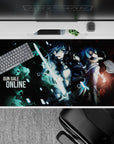 Neon cyan and smoky red Gun Gale Online anime desk pad 40x20 inches, teal lightning and shattered glass vibe.