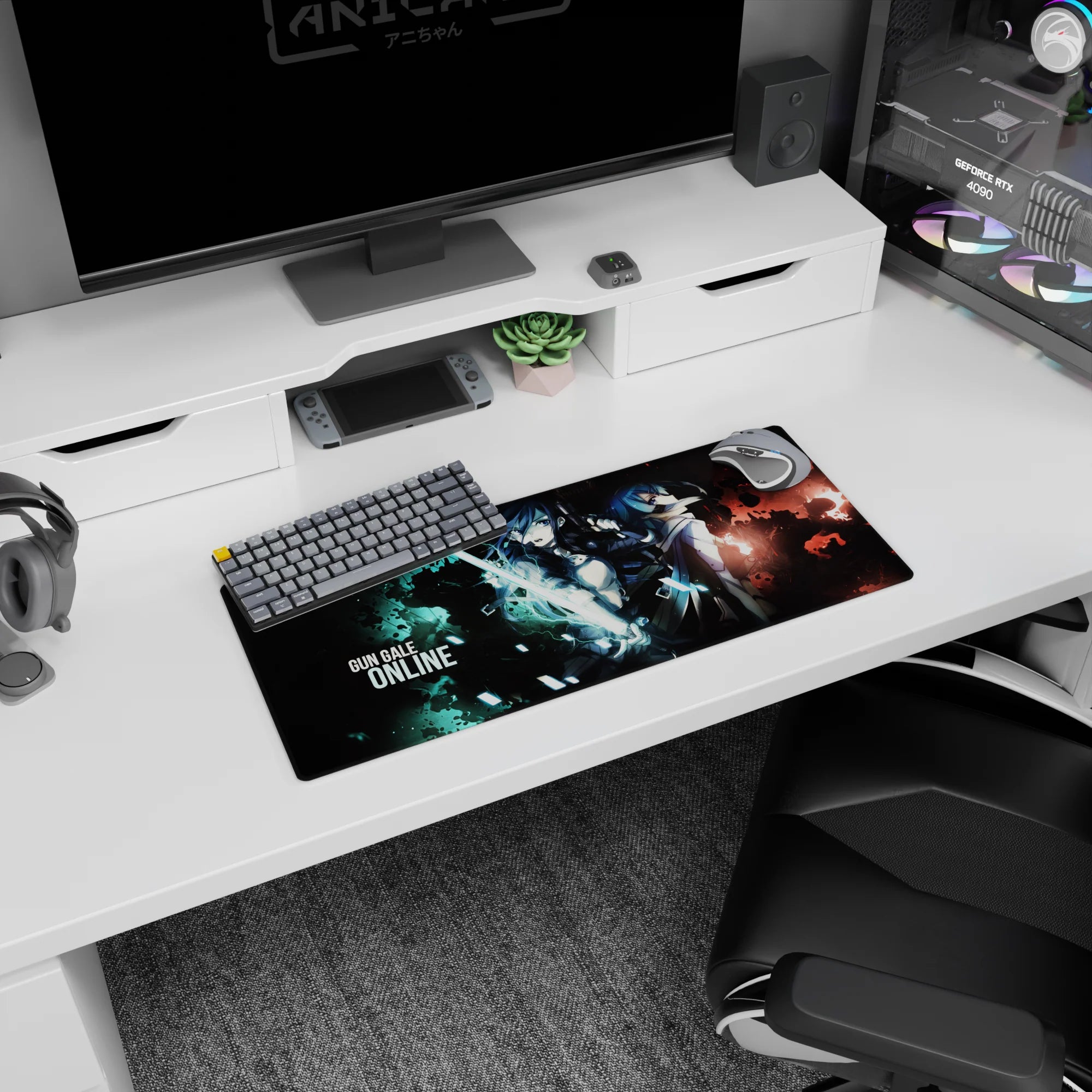 28x12 inches anime mouse pad featuring heroine with glowing sword and partner in scarfed coat, late-night duel.