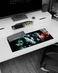 28x12 inches anime mouse pad featuring heroine with glowing sword and partner in scarfed coat, late-night duel.