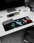 Anime mouse pad 32x12 inches showing heroine with glowing sword and ally in scarfed coat, calm but deadly.
