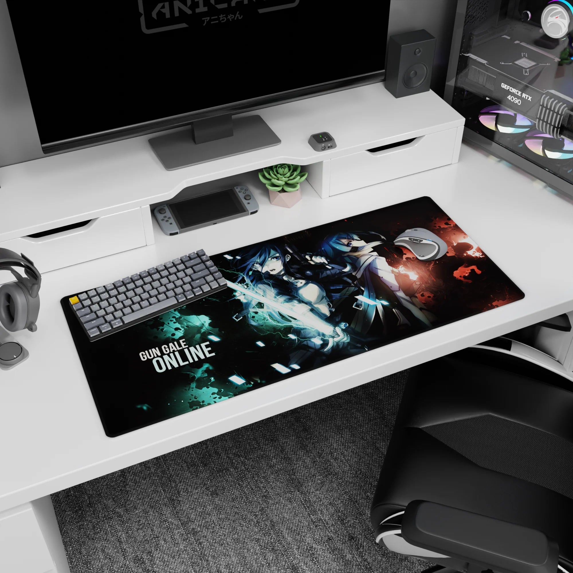 36x16 inches anime desk pad showing two back-to-back fighters, heroine with glowing sword and armored suit.
