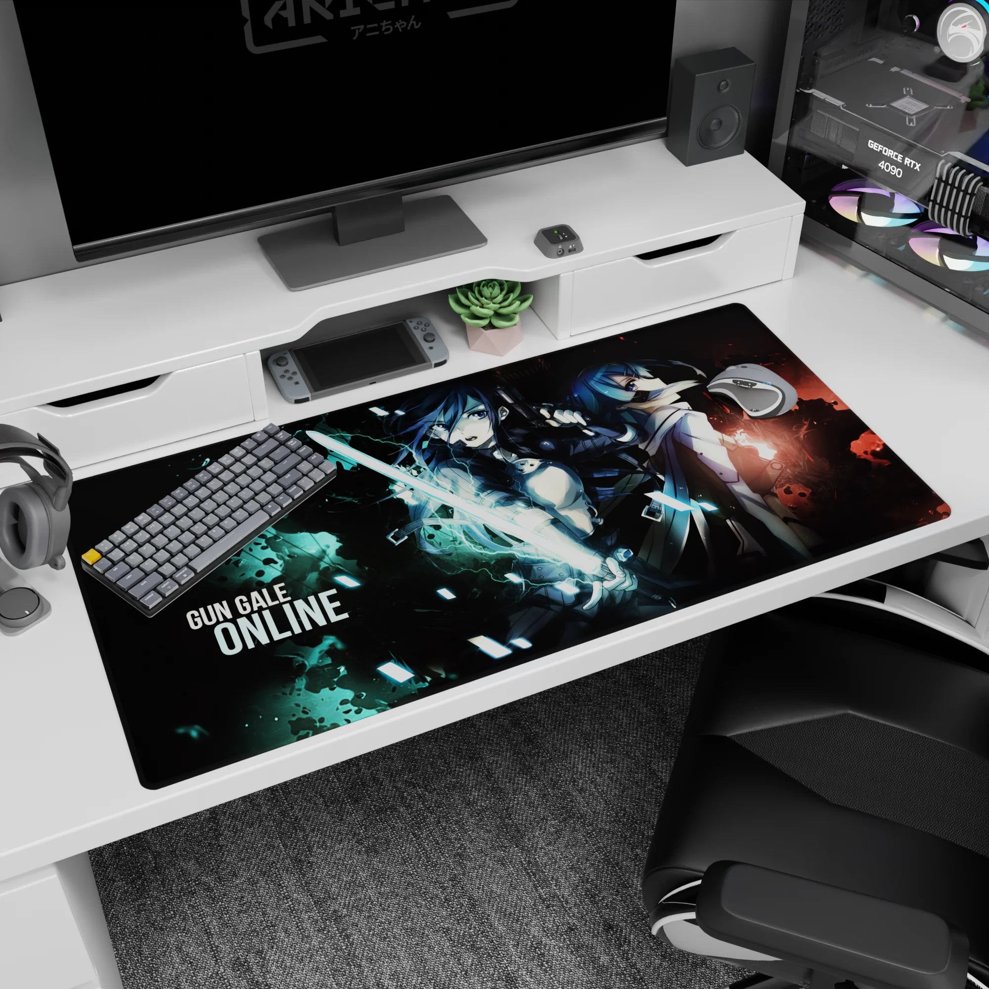 Anime desk pad 40x20 inches showing heroine with glowing sword in black armor beside calm fighter in coat and scarf.