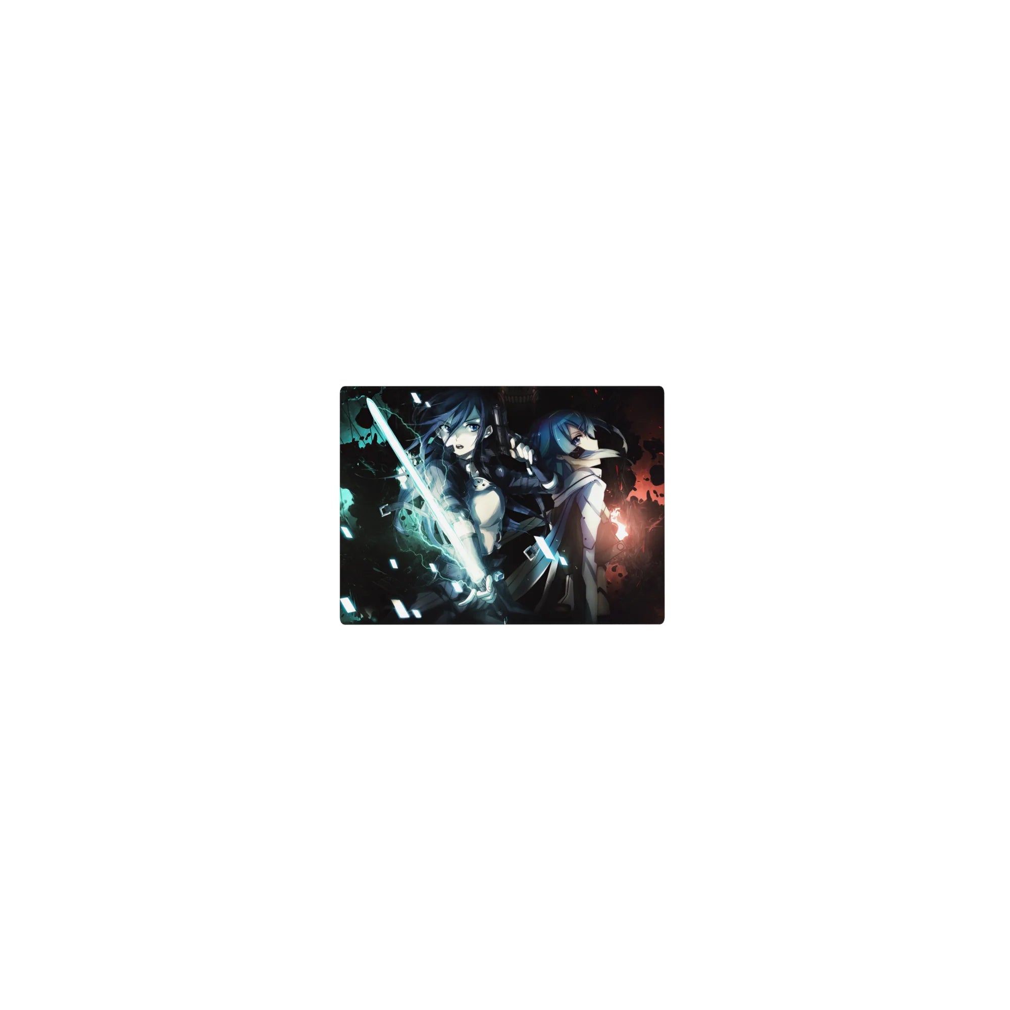 Gun Gale Online classic anime mouse pad 14x10 inches with two fighters back to back and glowing blade.