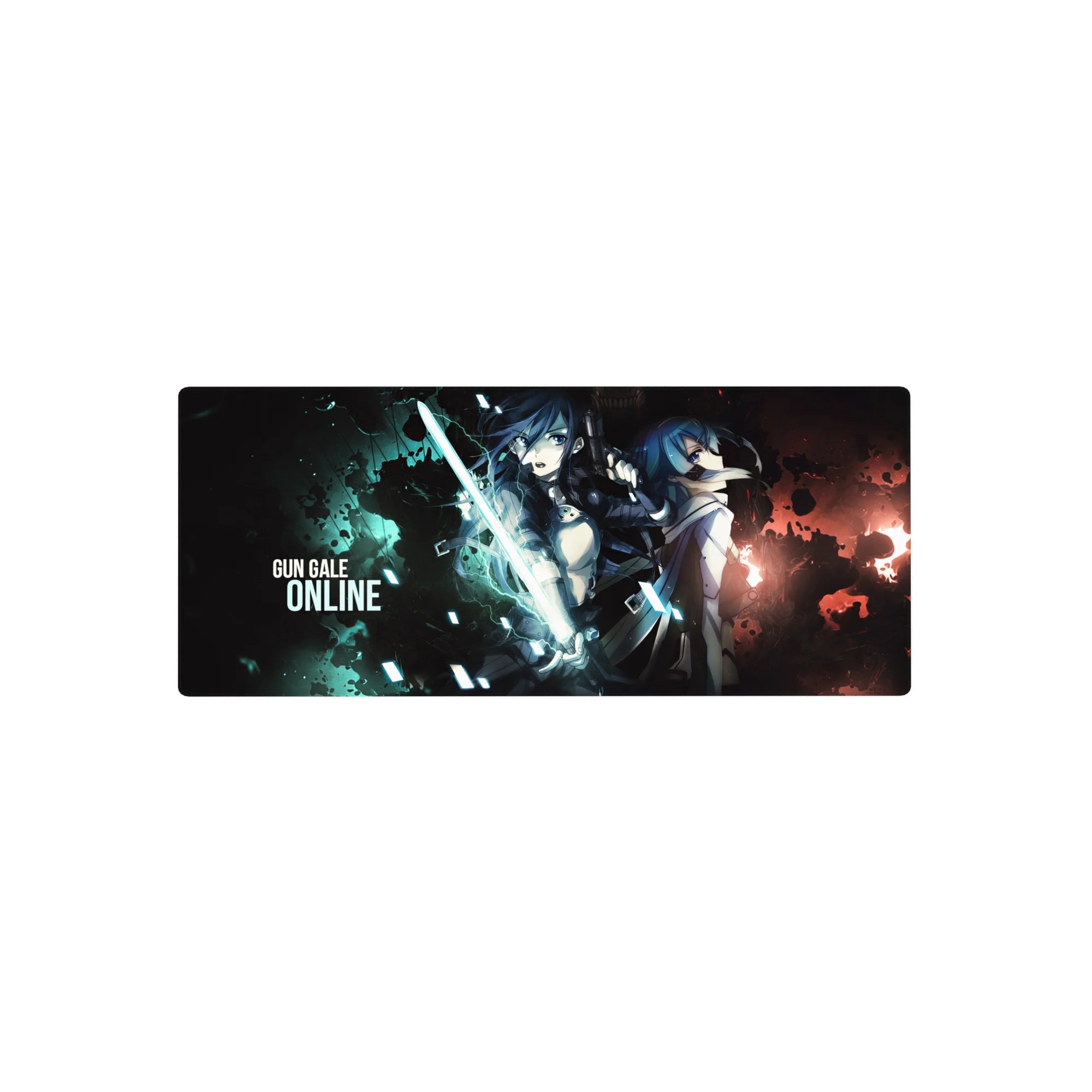 Gun Gale Online anime mouse pad 28x12 inches with two fighters back to back, glowing blade, tactical gear.