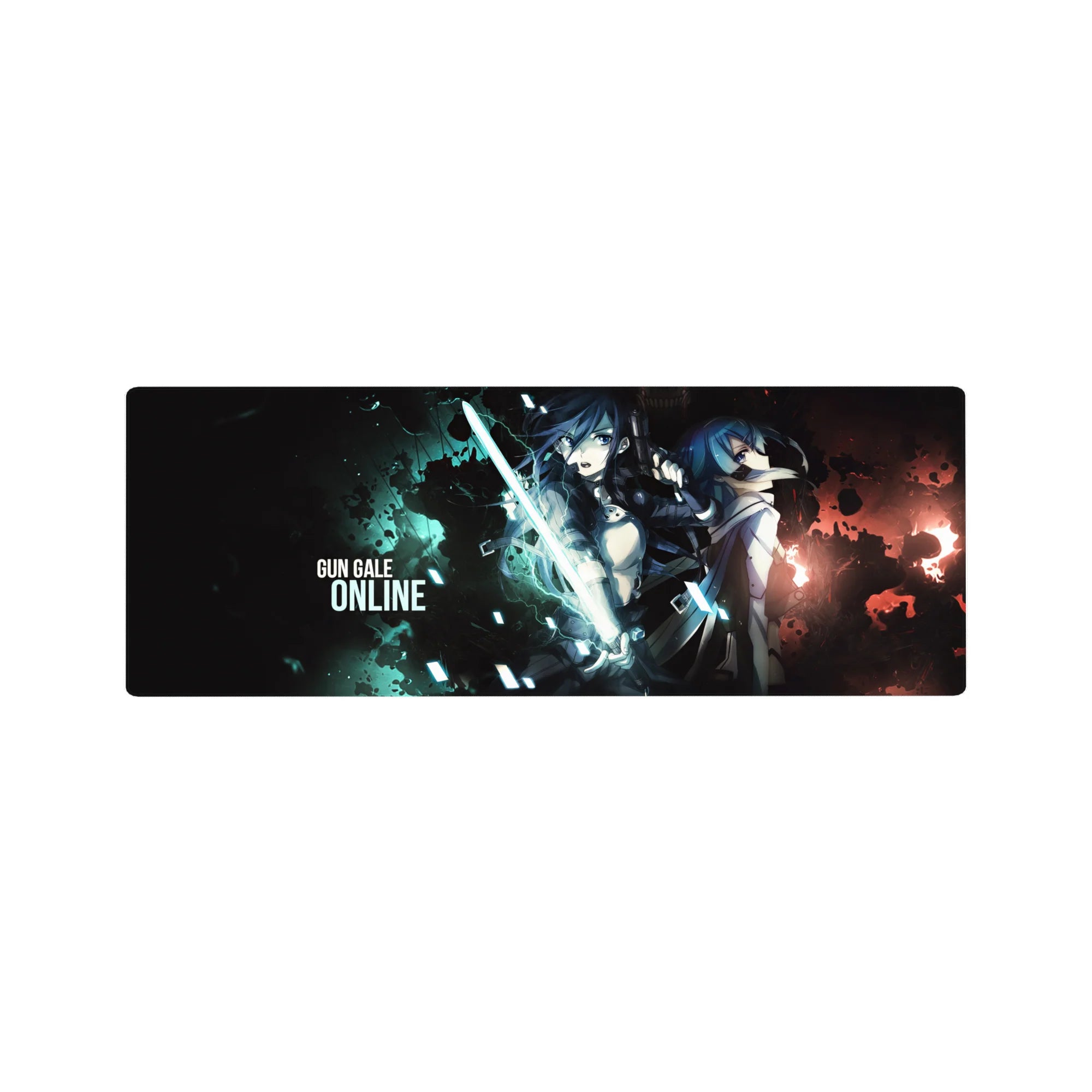 Gun Gale Online anime mouse pad 32x12 inches with two fighters back to back, glowing blade, tactical armor.