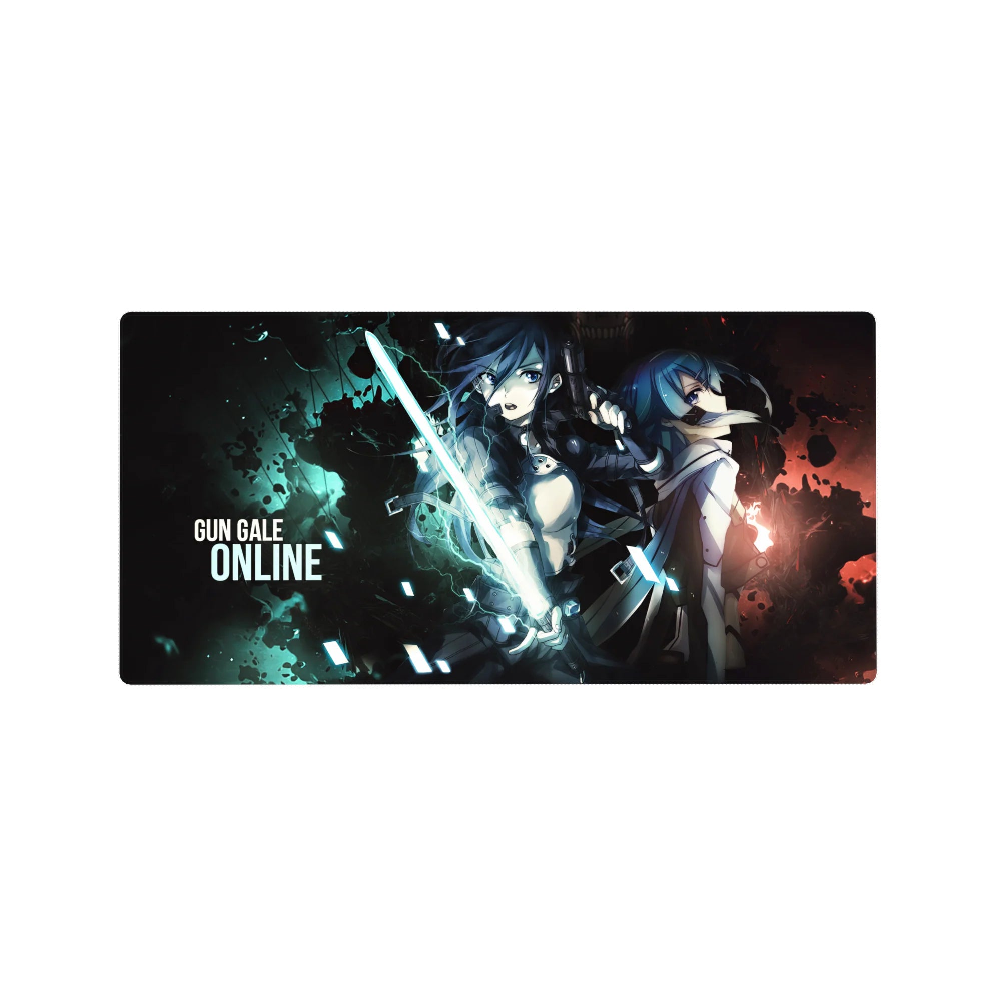 Gun Gale Online anime mouse pad 32x16 inches with two fighters back-to-back, glowing blade and tactical armor.