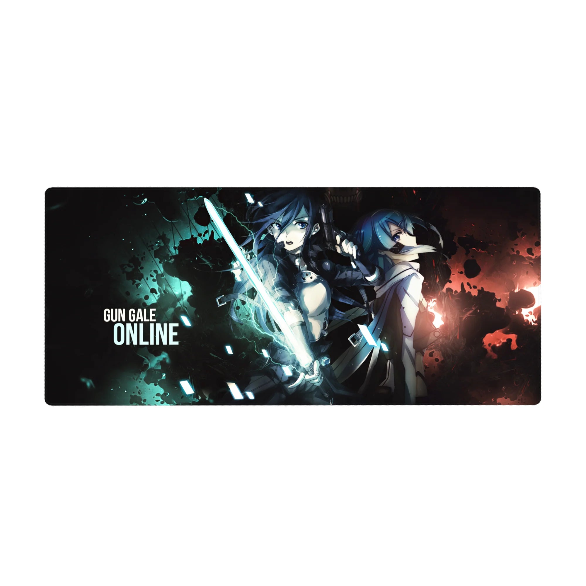 Gun Gale Online anime desk pad 36x16 inches with dual fighters, glowing blade, tactical armor, scarf coat.
