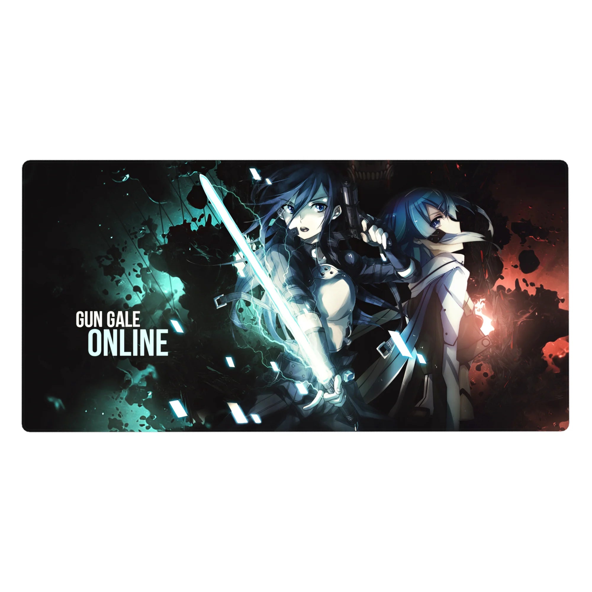 Gun Gale Online anime desk pad 40x20 inches with two fighters back to back, glowing blade and tactical armor.