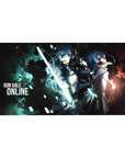 Gun Gale Online anime desk pad 40x20 inches with two fighters back to back, glowing blade and tactical armor.