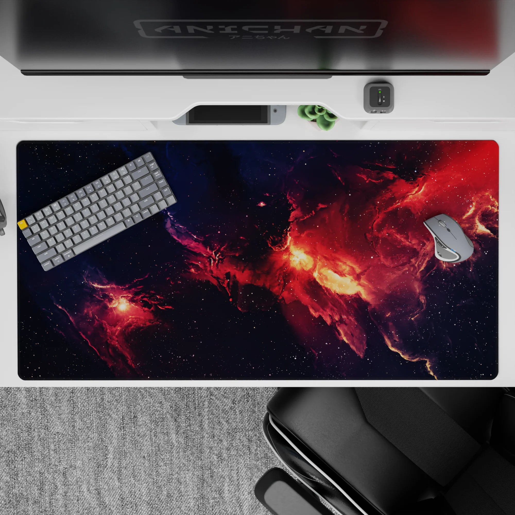 Smoky navy to hot ember red desk pad 40x20 inches, calming midnight space vibe for setups.