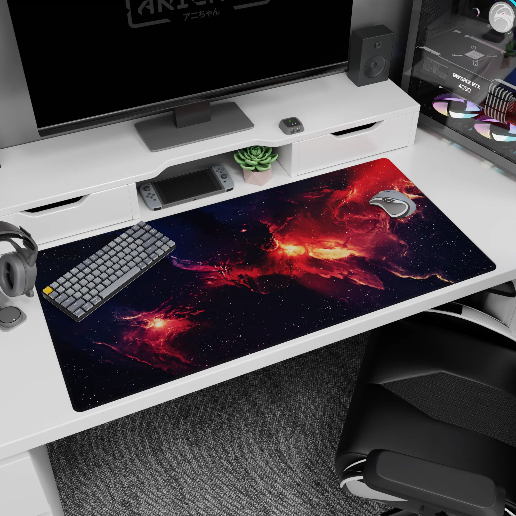 Midnight galaxy cloudscape desk pad 40x20 inches with stardust speckles and nebula streaks.