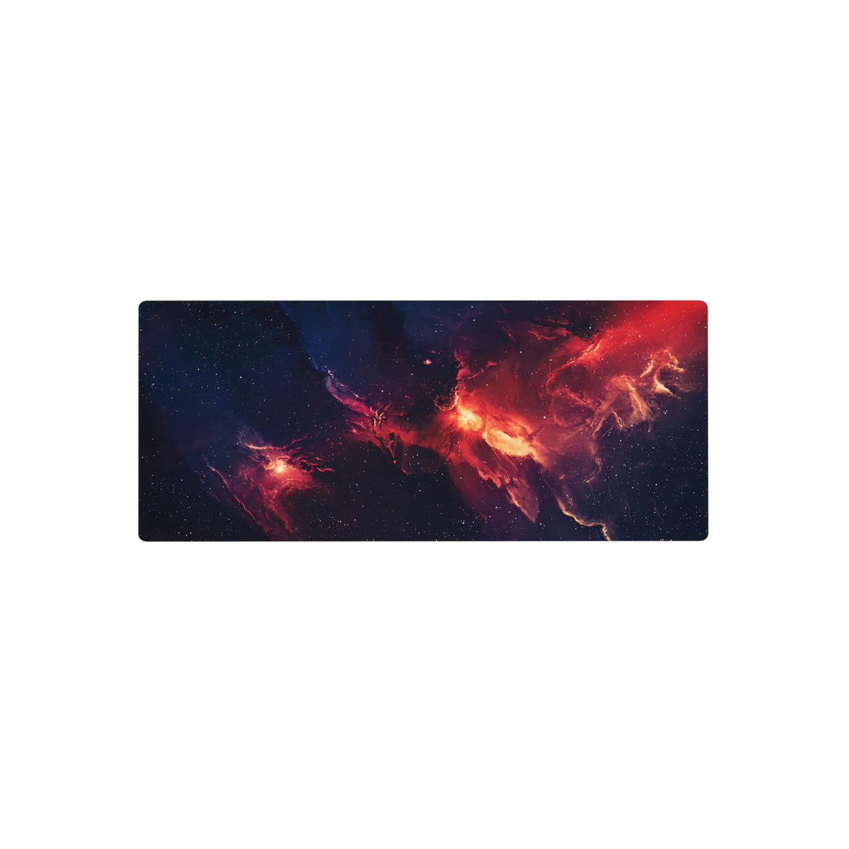 Midnight galaxy nebula mouse pad with speckled stars, 28x12 inches.