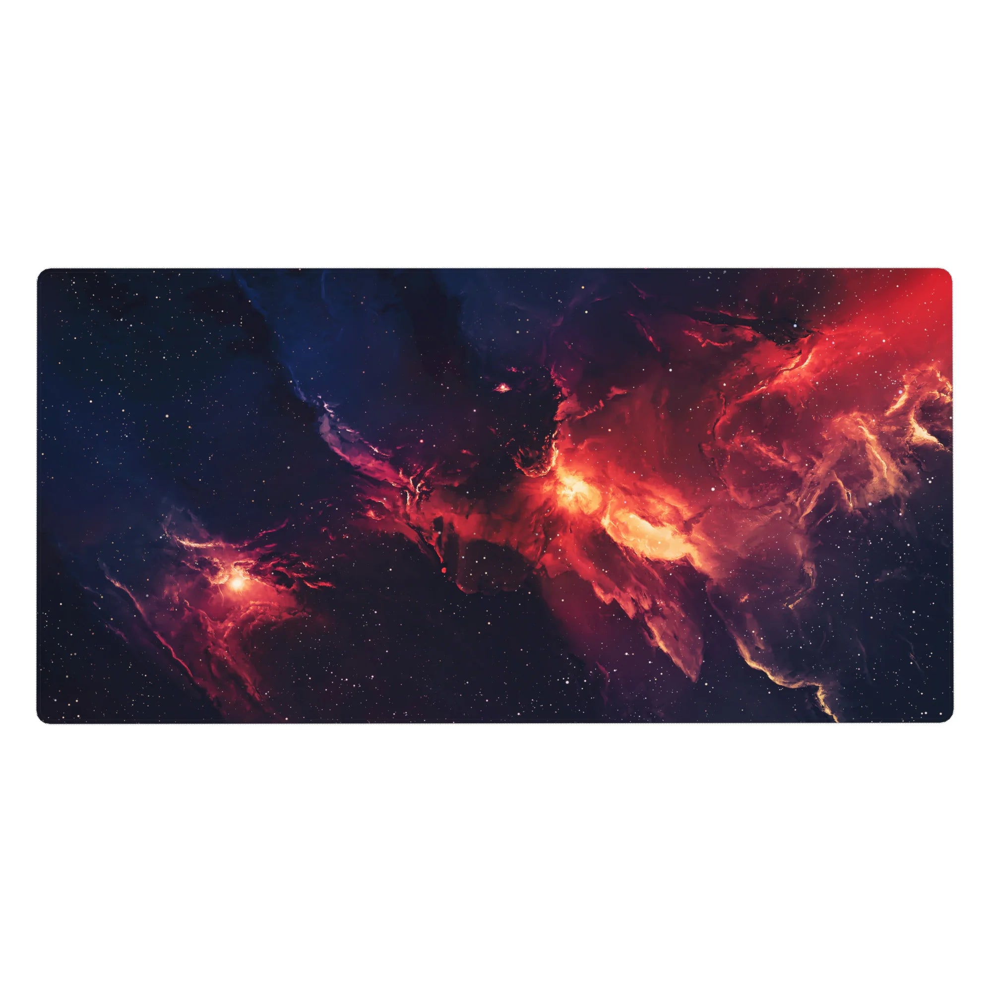Galaxy nebula desk pad 40x20 inches with speckled stars and bold cosmic swirl design.