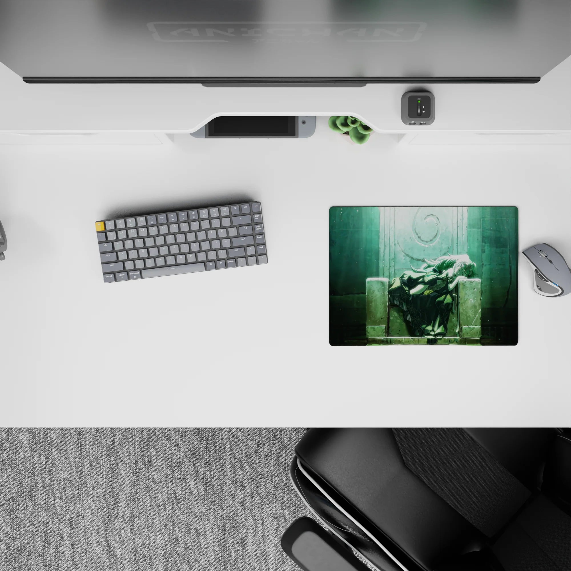 Dreamy teal-green anime mouse pad 14x10 inches with soft mist light and calm sanctuary mood.