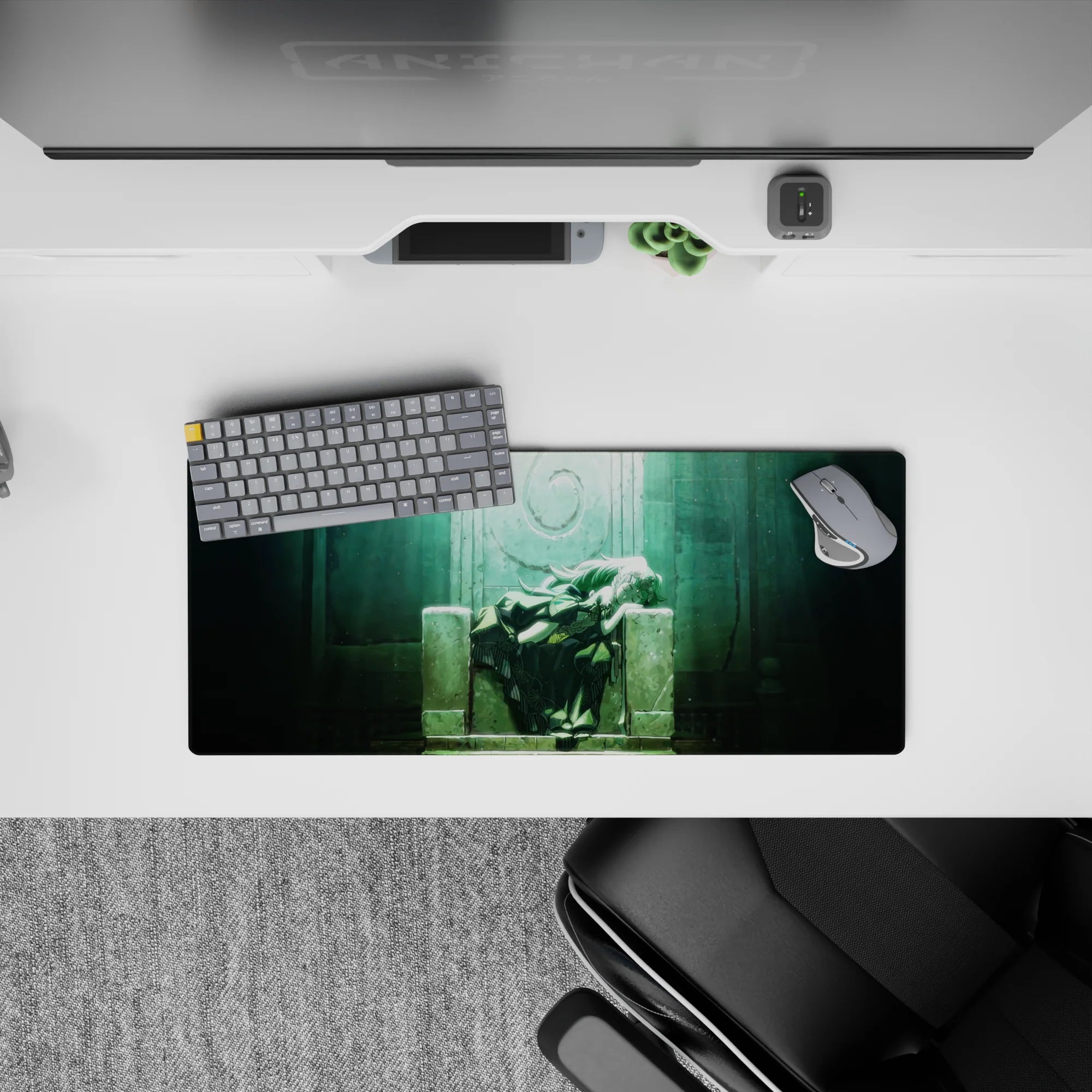 28x12 inches anime mouse pad in misty teal and soft green light, calm sanctuary mood with floating specks.