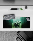 28x12 inches anime mouse pad in misty teal and soft green light, calm sanctuary mood with floating specks.