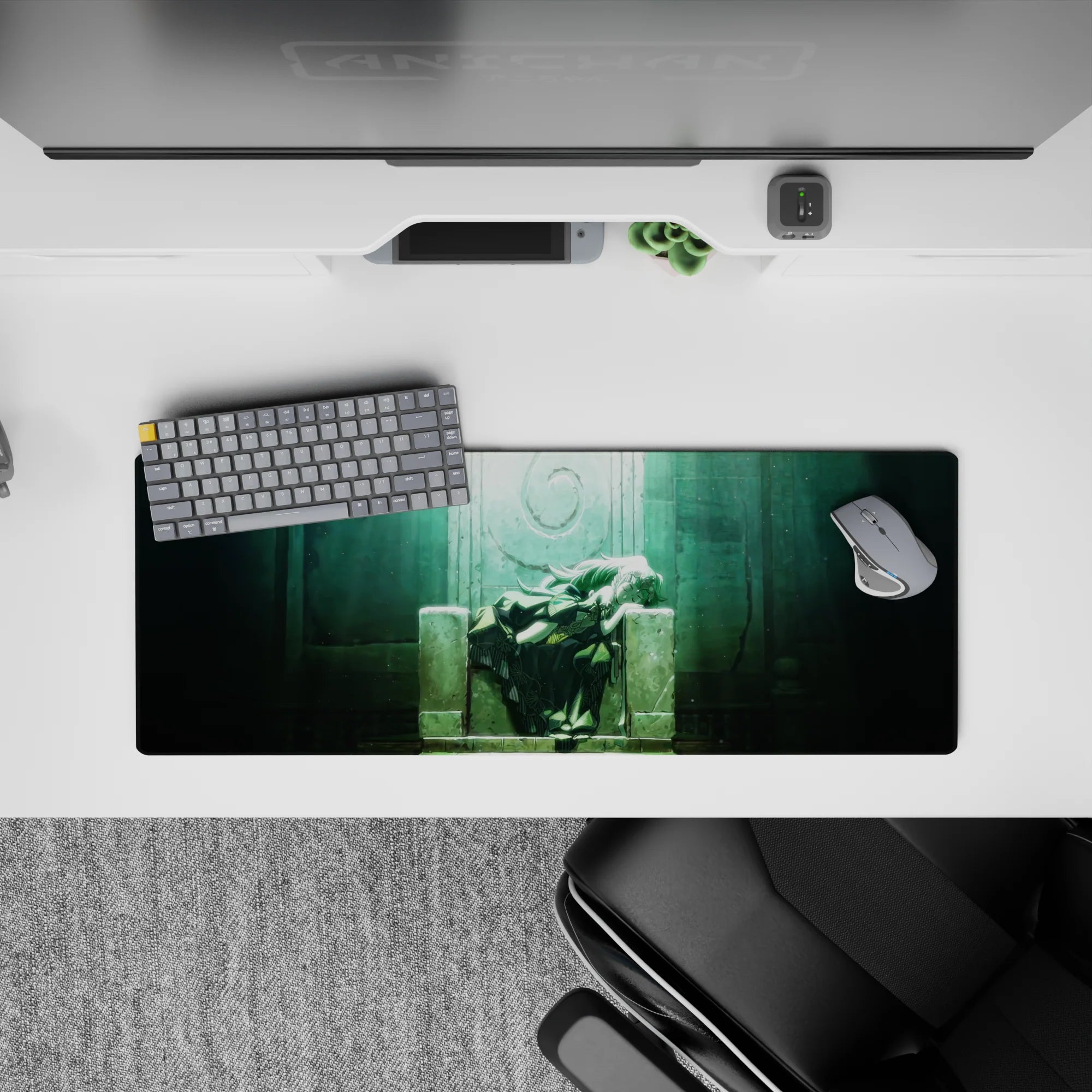 Misty teal and soft green glow anime girl mouse pad 32x12 inches, calm dreamy sanctuary aesthetic.