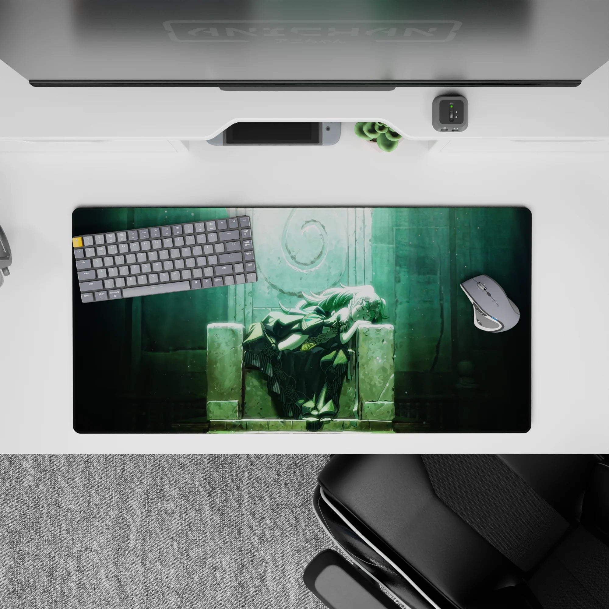 32x16 inches anime girl mouse pad in dreamy teal-green glow, calm sanctuary mood with floating specks.