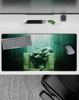 32x16 inches anime girl mouse pad in dreamy teal-green glow, calm sanctuary mood with floating specks.