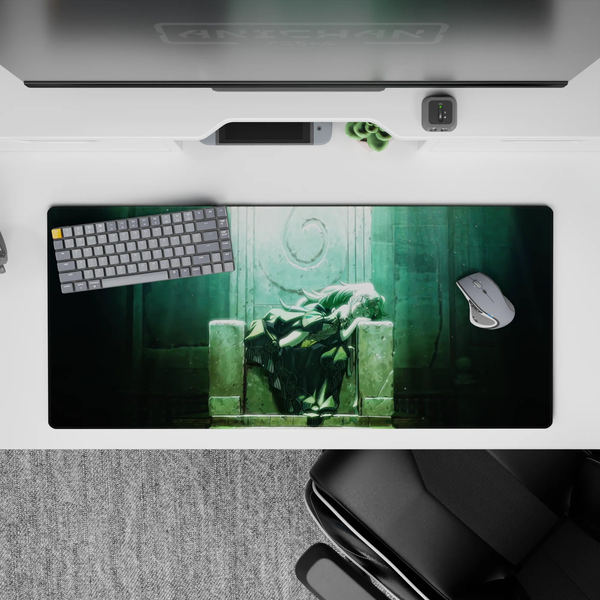 Misty teal and soft green glow anime desk pad 36x16 inches, calm dreamy sanctuary vibe for gaming.