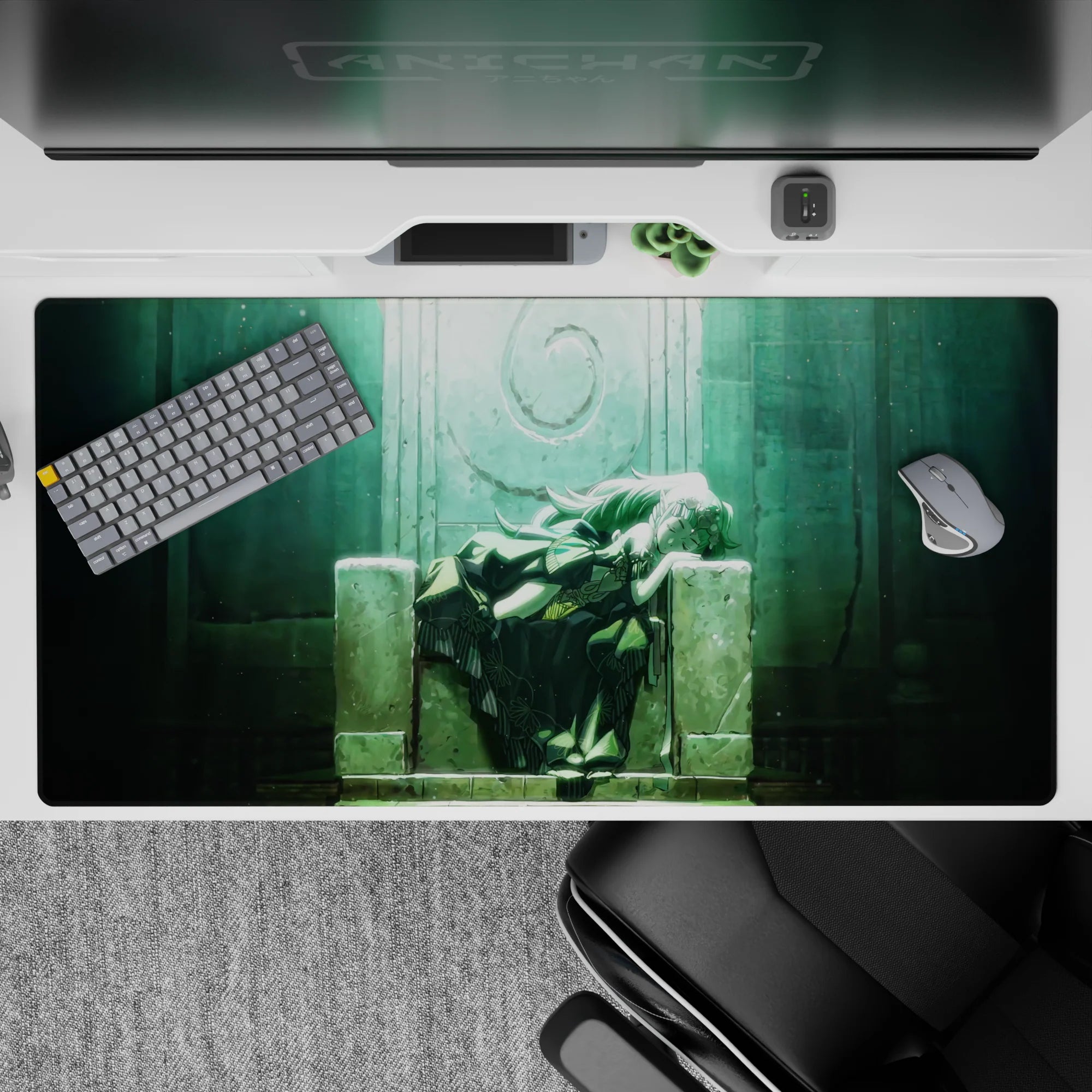 40x20 inches anime desk pad in misty teal and soft green glow, dreamy calm aesthetic for gaming or work.