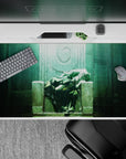 40x20 inches anime desk pad in misty teal and soft green glow, dreamy calm aesthetic for gaming or work.