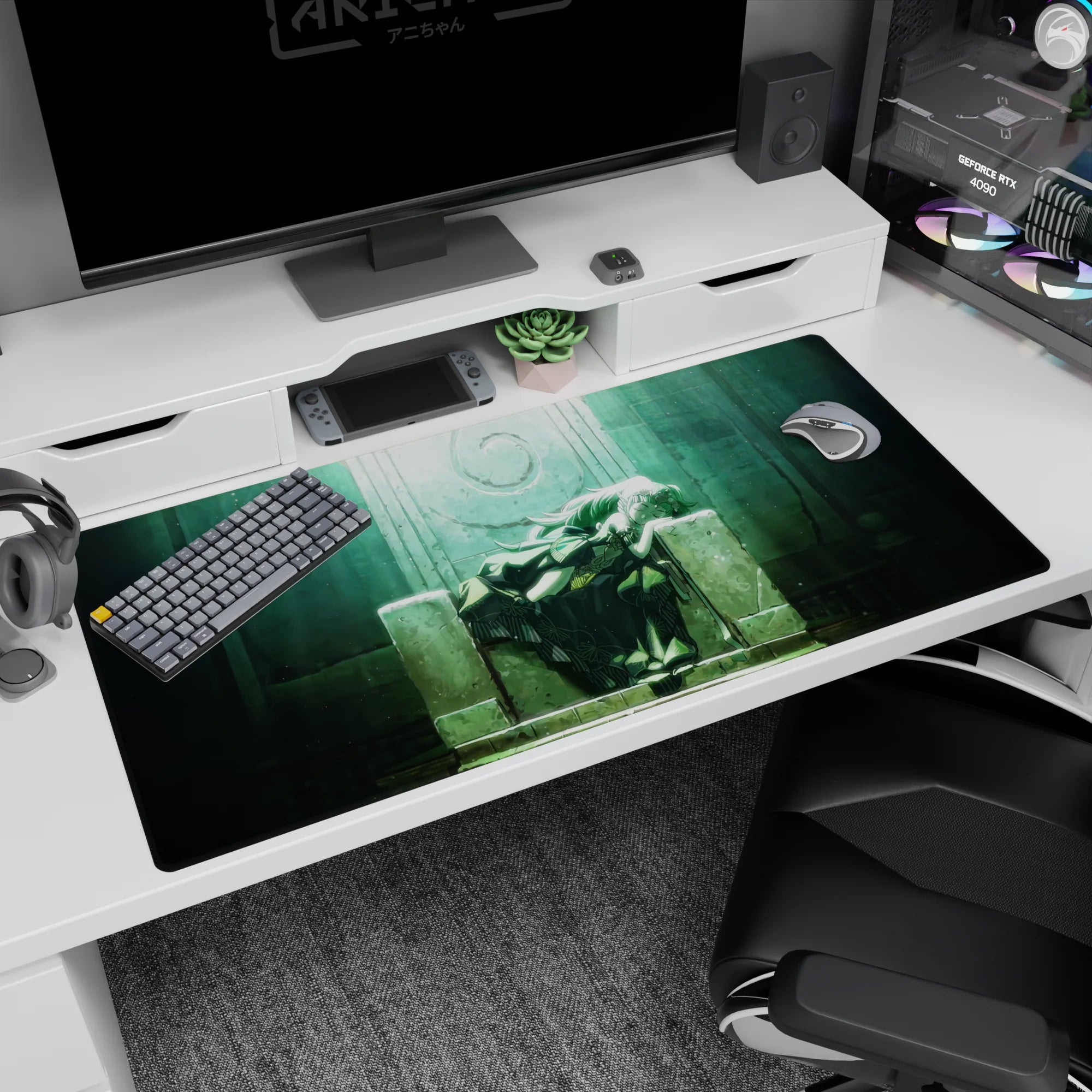 40x20 inches anime girl mouse pad showing sleepy girl curled on a stone throne, floating specks and shadows.