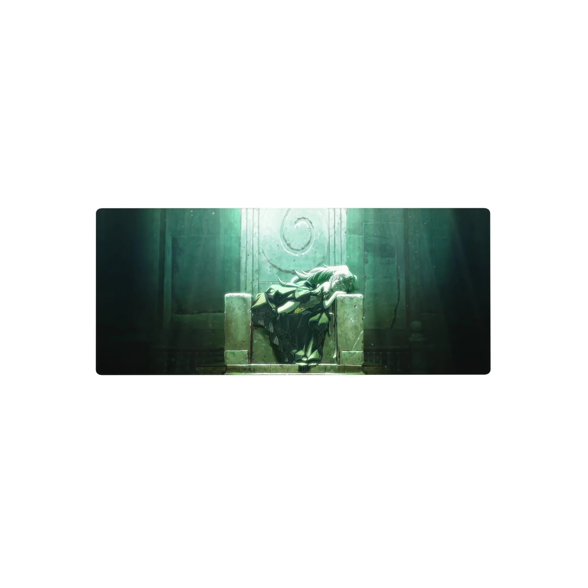28x12 inches anime girl mouse pad with dreamy stone throne scene, floral kimono, soft teal glow.