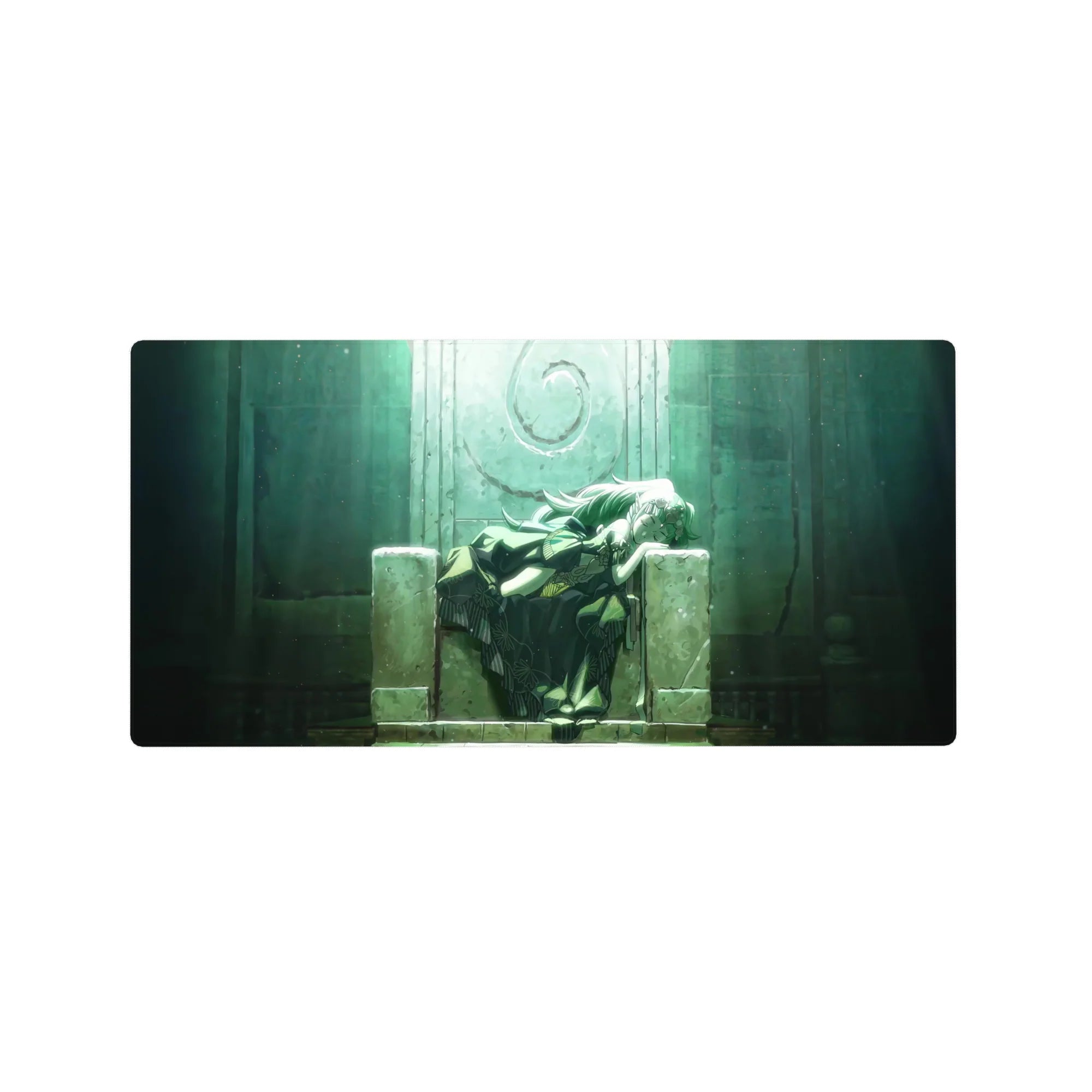 32x16 inches anime girl mouse pad with kimono-clad girl on stone throne, floral details and teal mist.