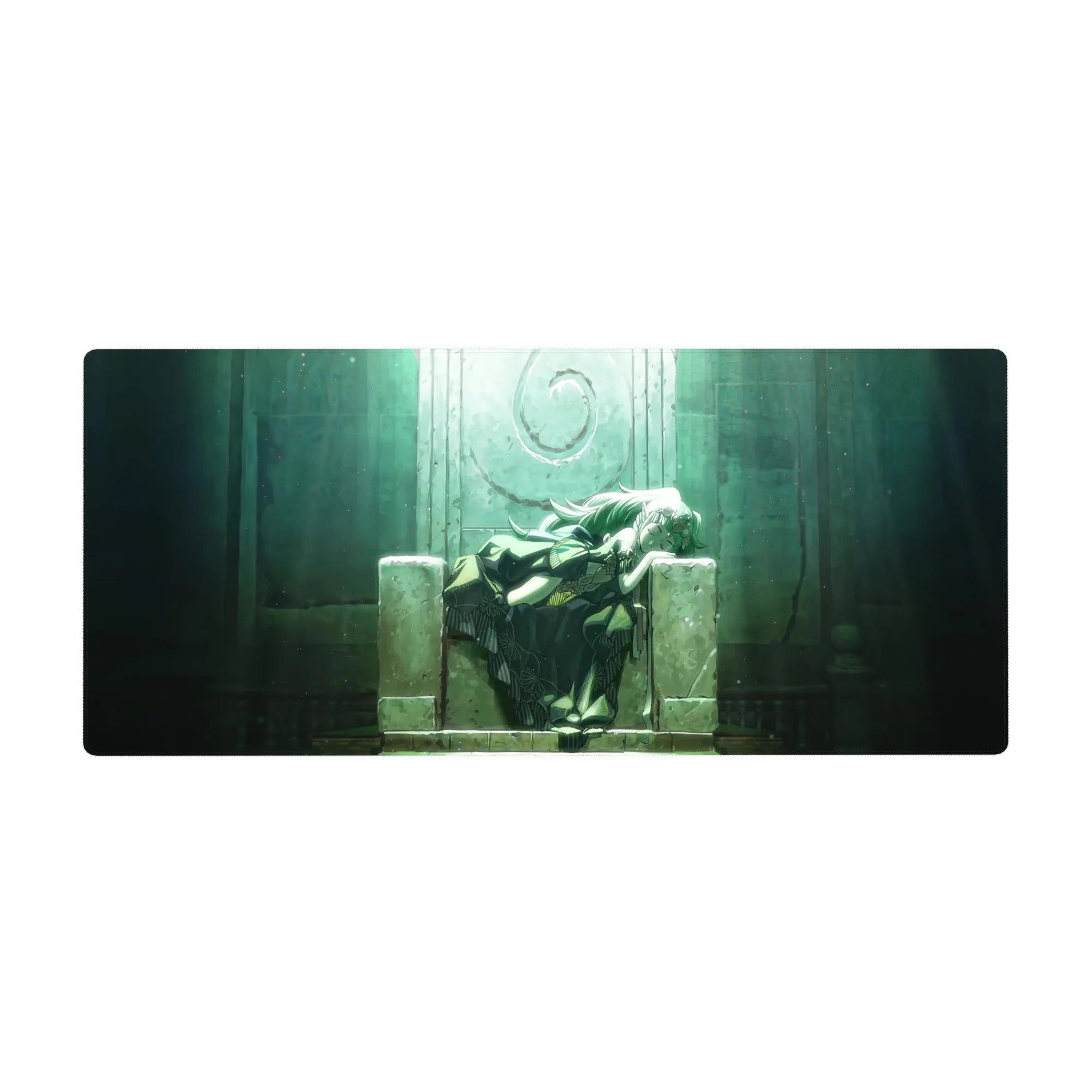 Dreamy anime girl desk pad 36x16 inches with kimono florals on a stone throne, floating specks.