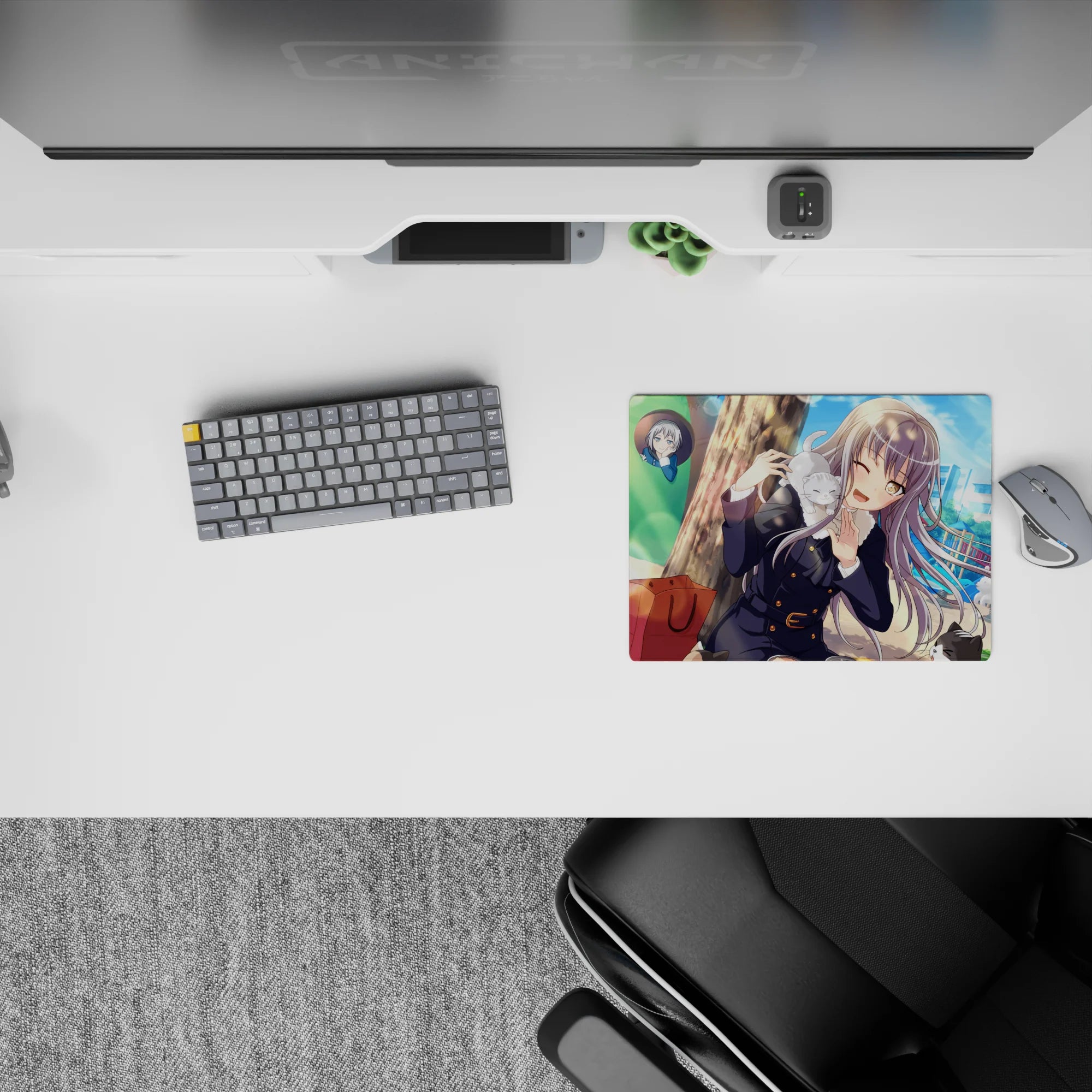Sunny blue-green park anime girl mouse pad 14x10 inches, cozy cute vibe with crisp lines and playful clutter.