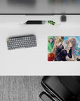 Sunny blue-green park anime girl mouse pad 14x10 inches, cozy cute vibe with crisp lines and playful clutter.