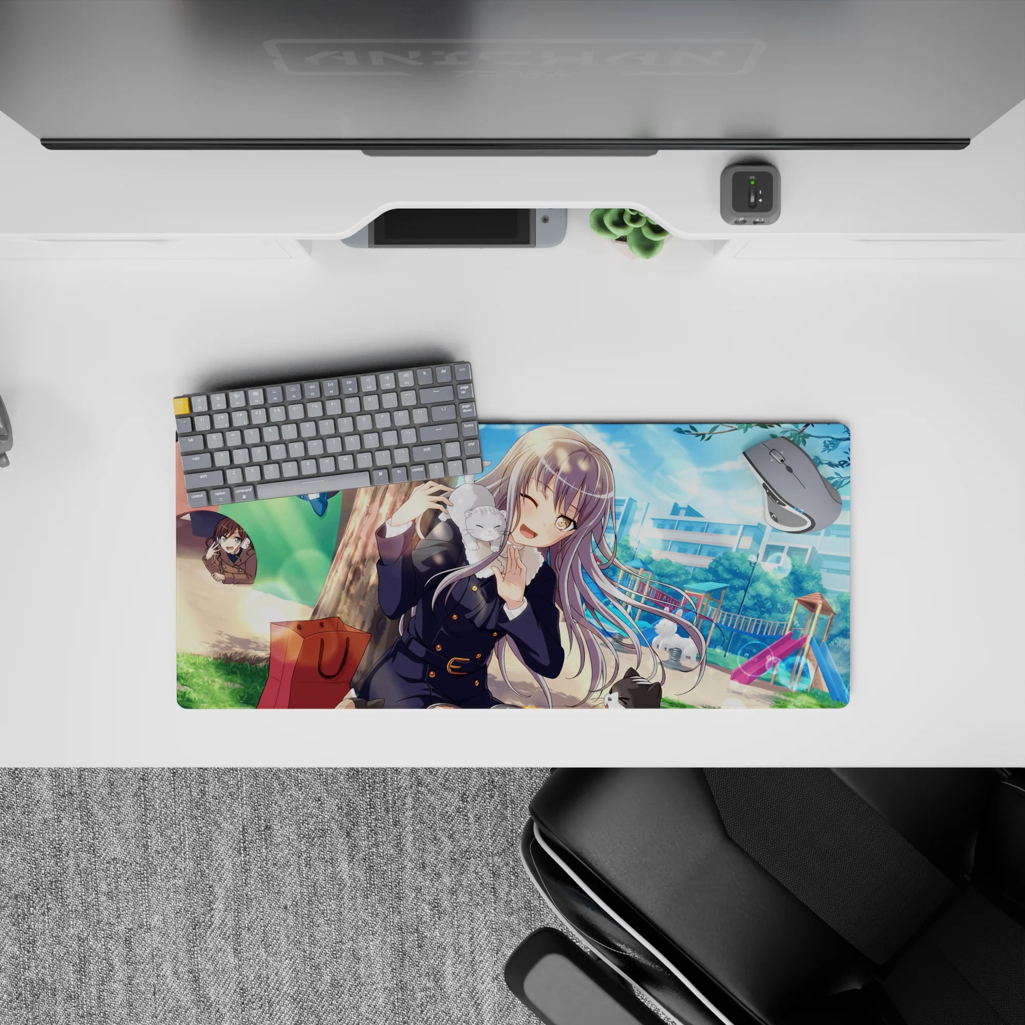 Cozy sunny blue-green park anime mouse pad 28x12 inches with soft silver hair and cute vibes.