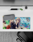 Cozy sunny blue-green park anime mouse pad 28x12 inches with soft silver hair and cute vibes.