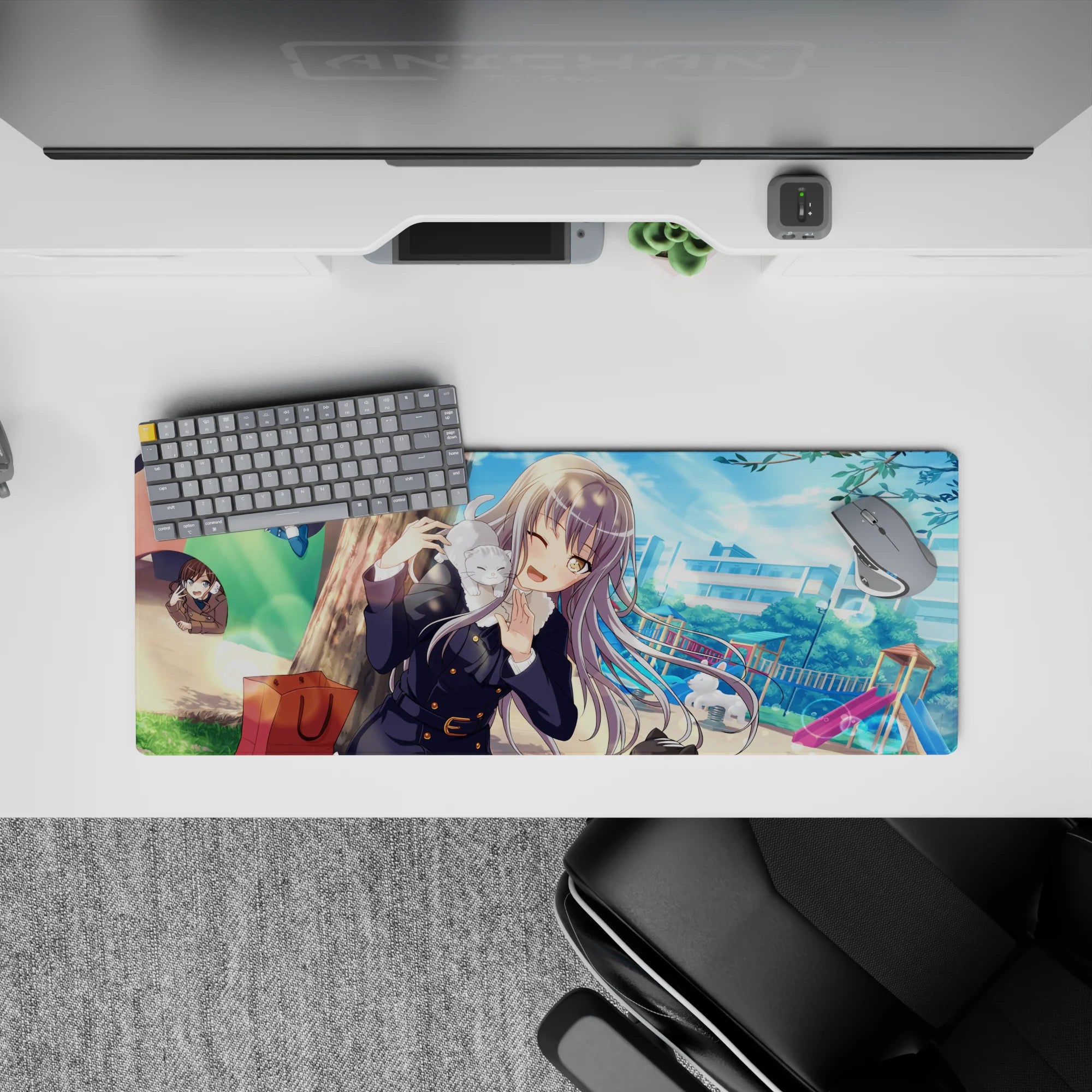 Sunny blue-green park anime girl mouse pad 32x12 inches with cozy, cute desk aesthetic.