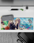 Sunny blue-green park anime girl mouse pad 32x12 inches with cozy, cute desk aesthetic.