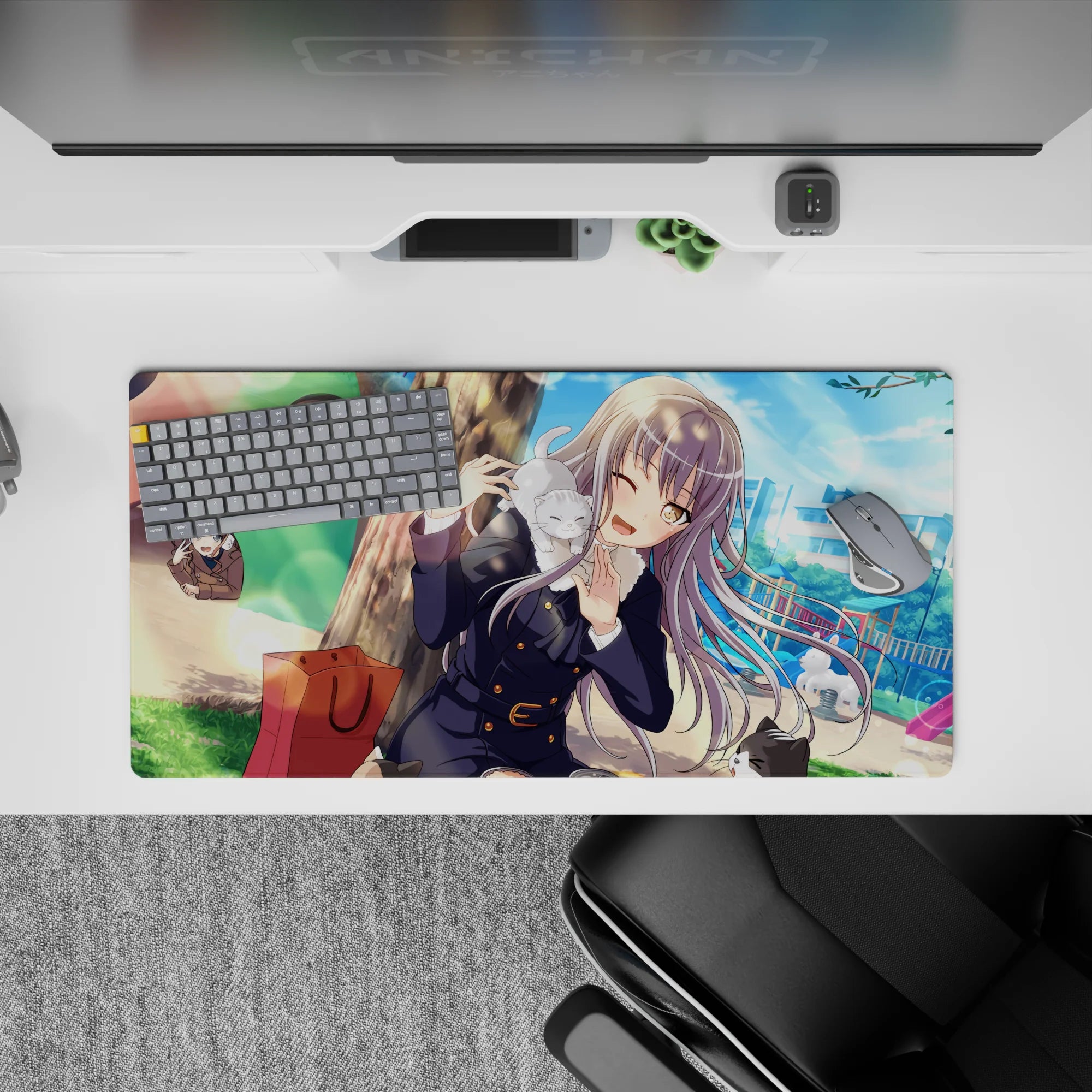 Sunny blue-green park anime girl mouse pad 32x16 inches, cozy cute vibe with crisp clean line art.