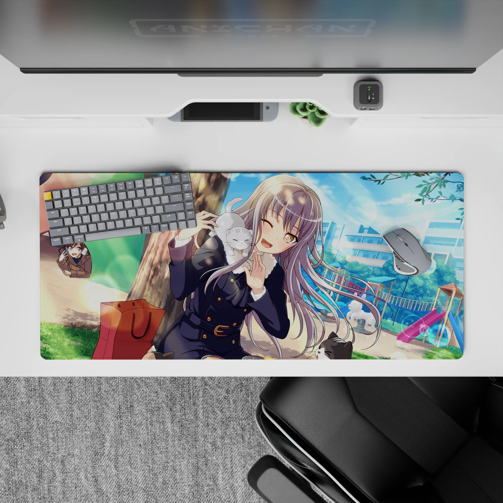 Sunny blue-green park anime desk pad 36x16 inches, cozy cute vibe with crisp lines and clutter.