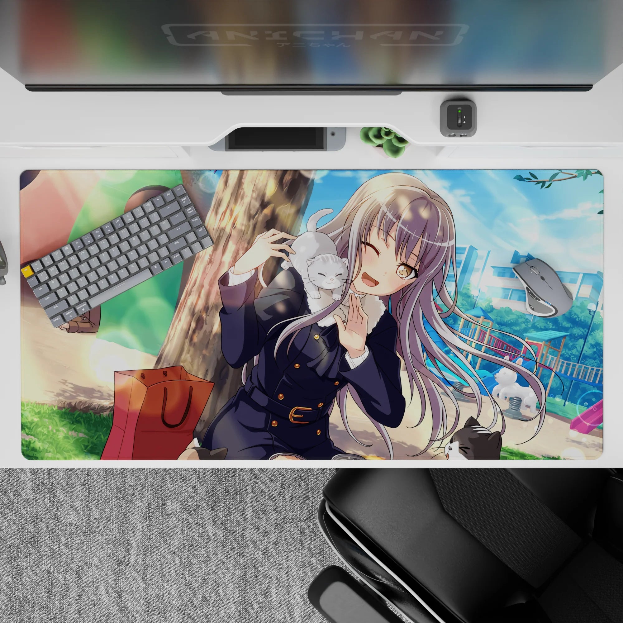 Sunny blue-green park anime desk pad 40x20 inches with cozy cute vibe, crisp lines and playful clutter.