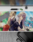 Sunny blue-green park anime desk pad 40x20 inches with cozy cute vibe, crisp lines and playful clutter.