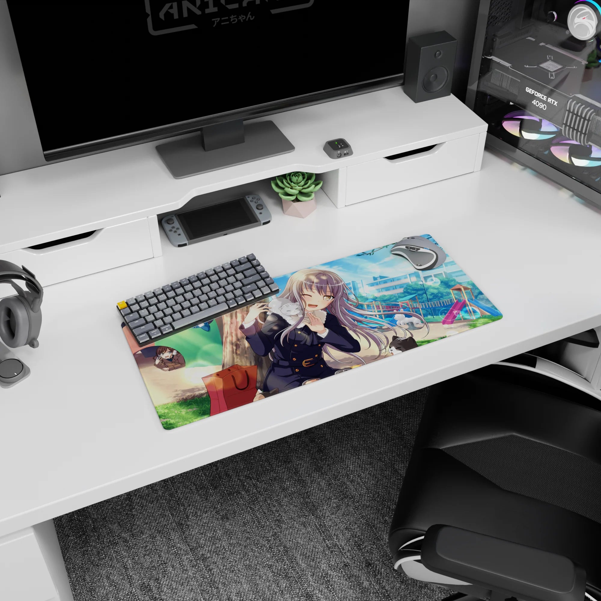 Winking silver-haired anime schoolgirl with sleepy shoulder cat on 28x12 inches extended mouse pad.