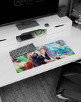 Winking silver-haired anime schoolgirl with sleepy shoulder cat on 28x12 inches extended mouse pad.