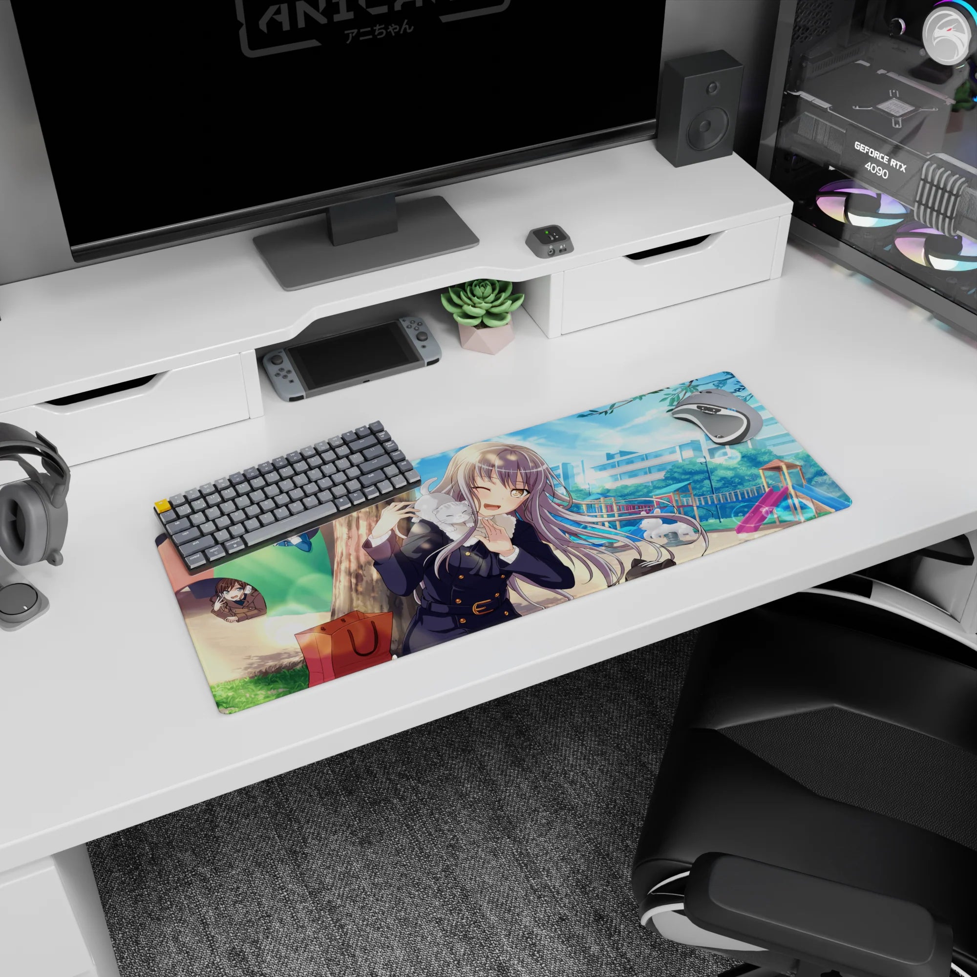 Winking silver-haired schoolgirl with sleepy cat on shoulder mouse pad 32x12 inches in park setting.