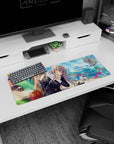 Winking silver-haired schoolgirl with sleepy cat on shoulder mouse pad 32x12 inches in park setting.