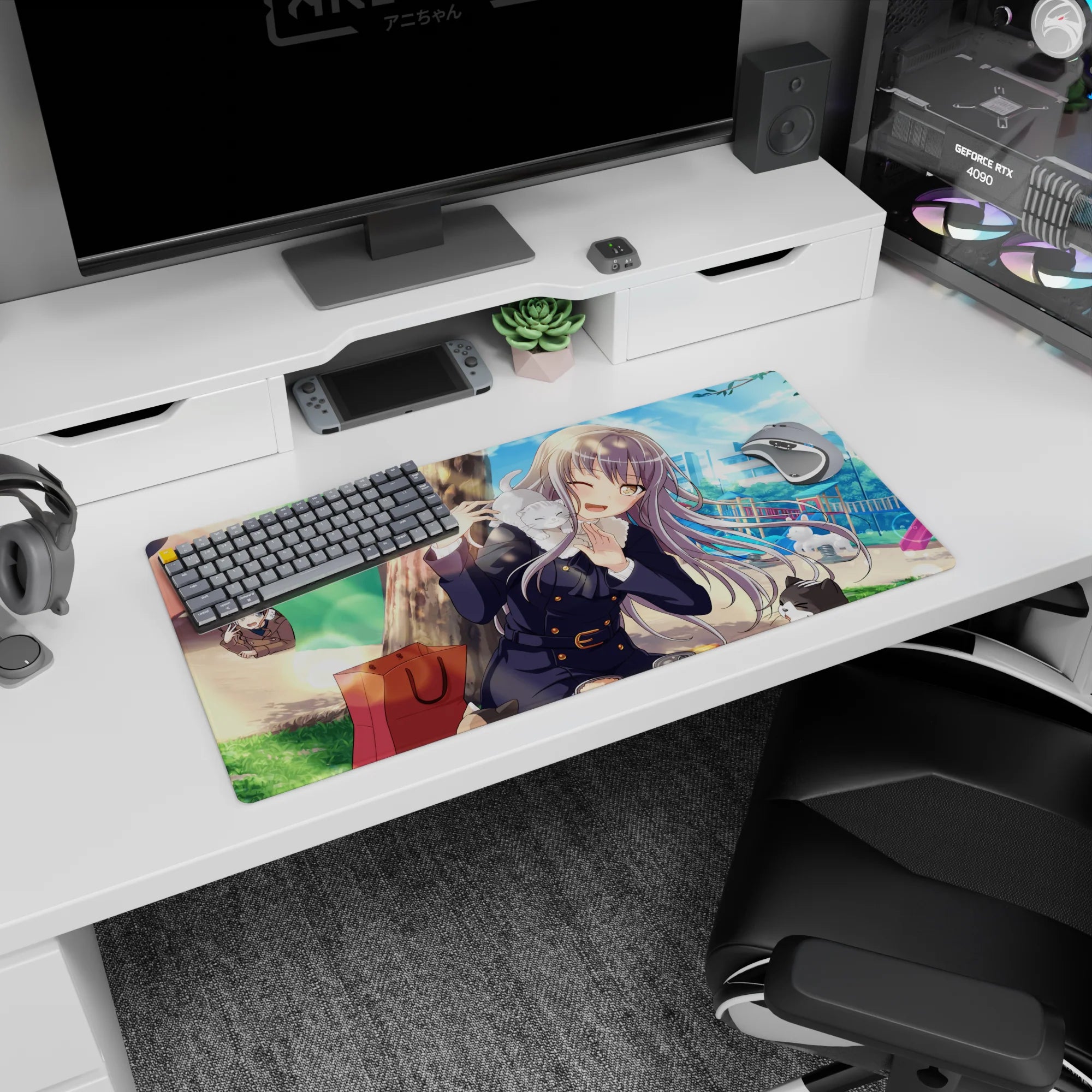 Winking silver-haired schoolgirl with sleepy cat in a bright park on an anime mouse pad 32x16 inches.