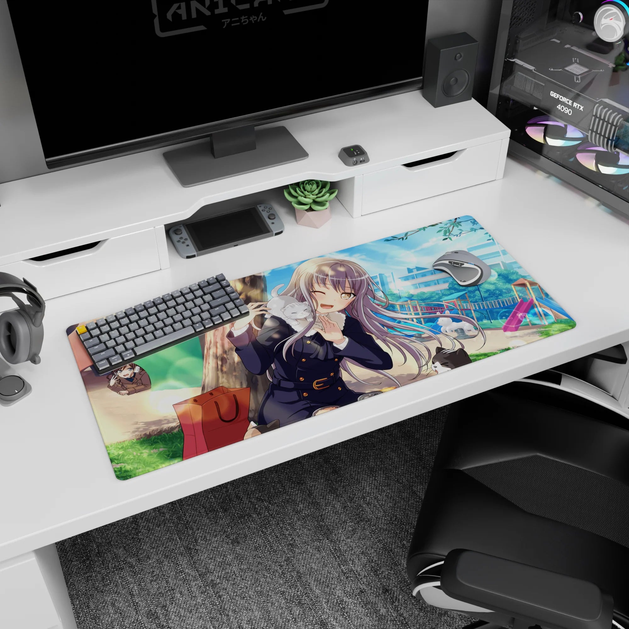 Winking silver-haired schoolgirl with sleepy cat in a park scene on 36x16 inches anime desk pad.